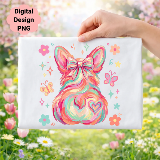 Colorful corgi illustration with butterflies and flowers on white fabric.