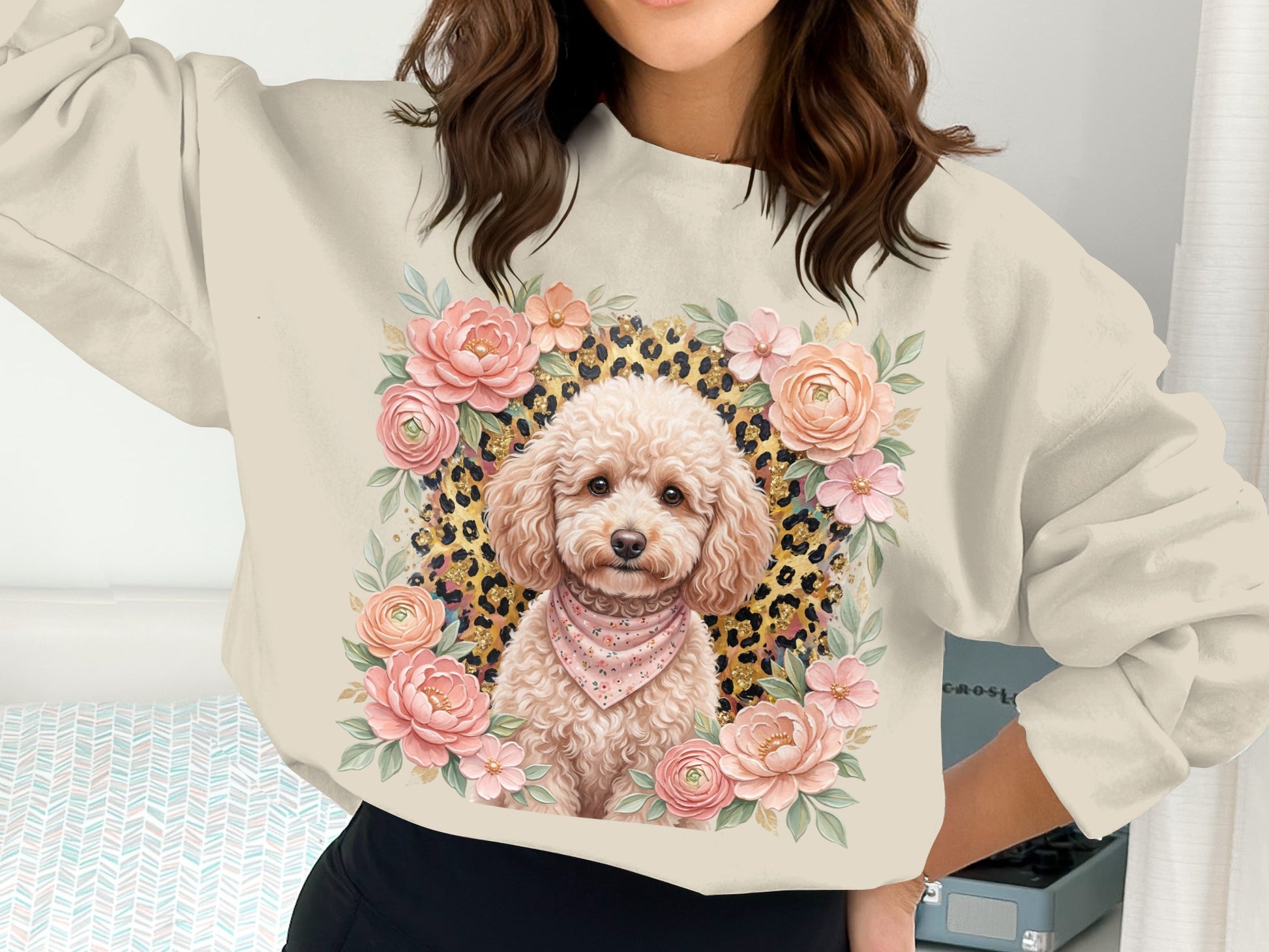 Cream sweatshirt with poodle and floral leopard print design.