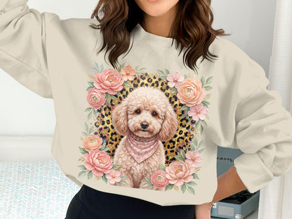 Cream sweatshirt with poodle and floral leopard print design.
