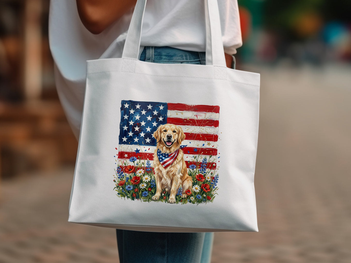 Golden retriever in bandana with American flag background and wildflowers.