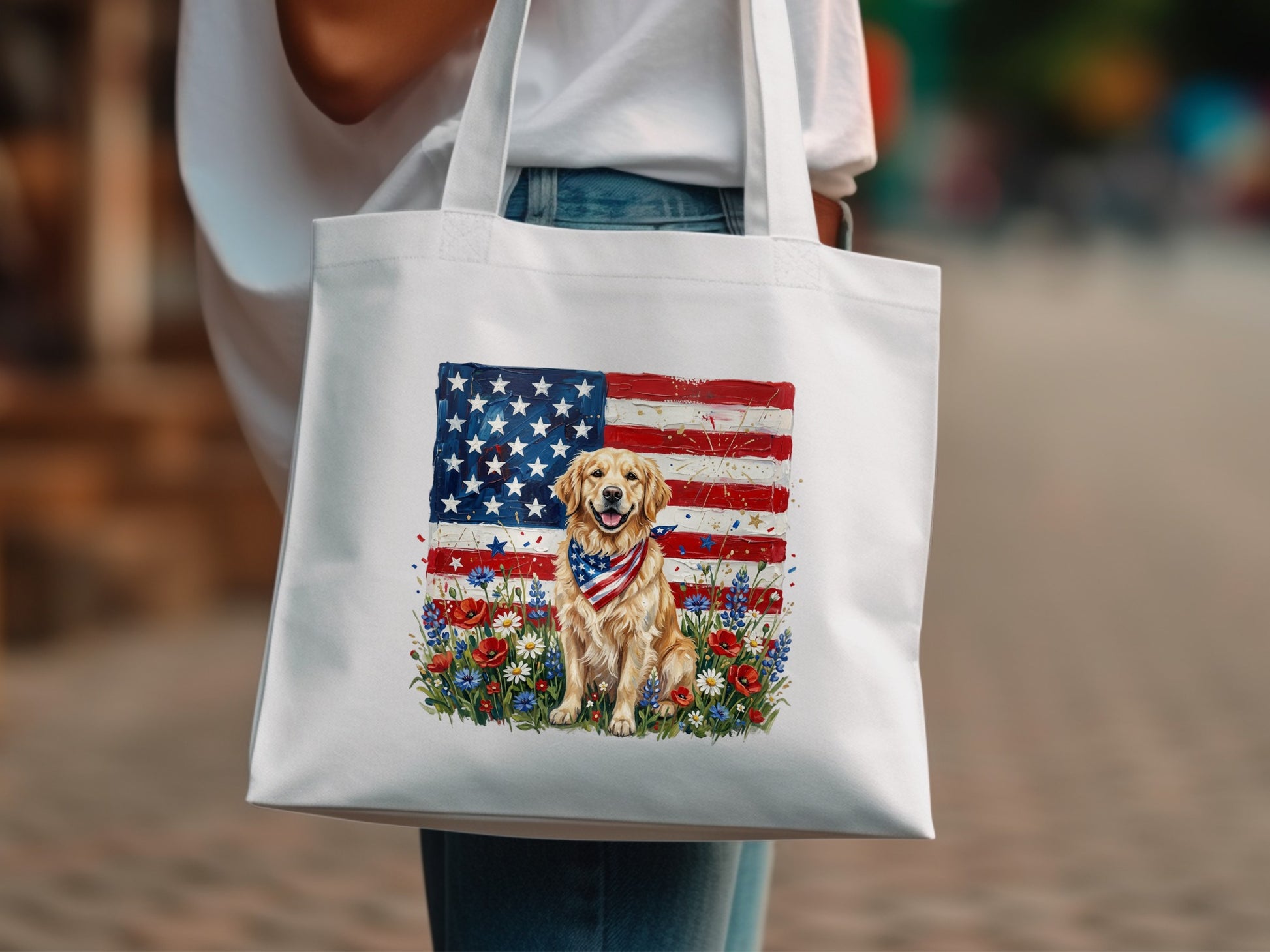 Golden retriever in bandana with American flag background and wildflowers.