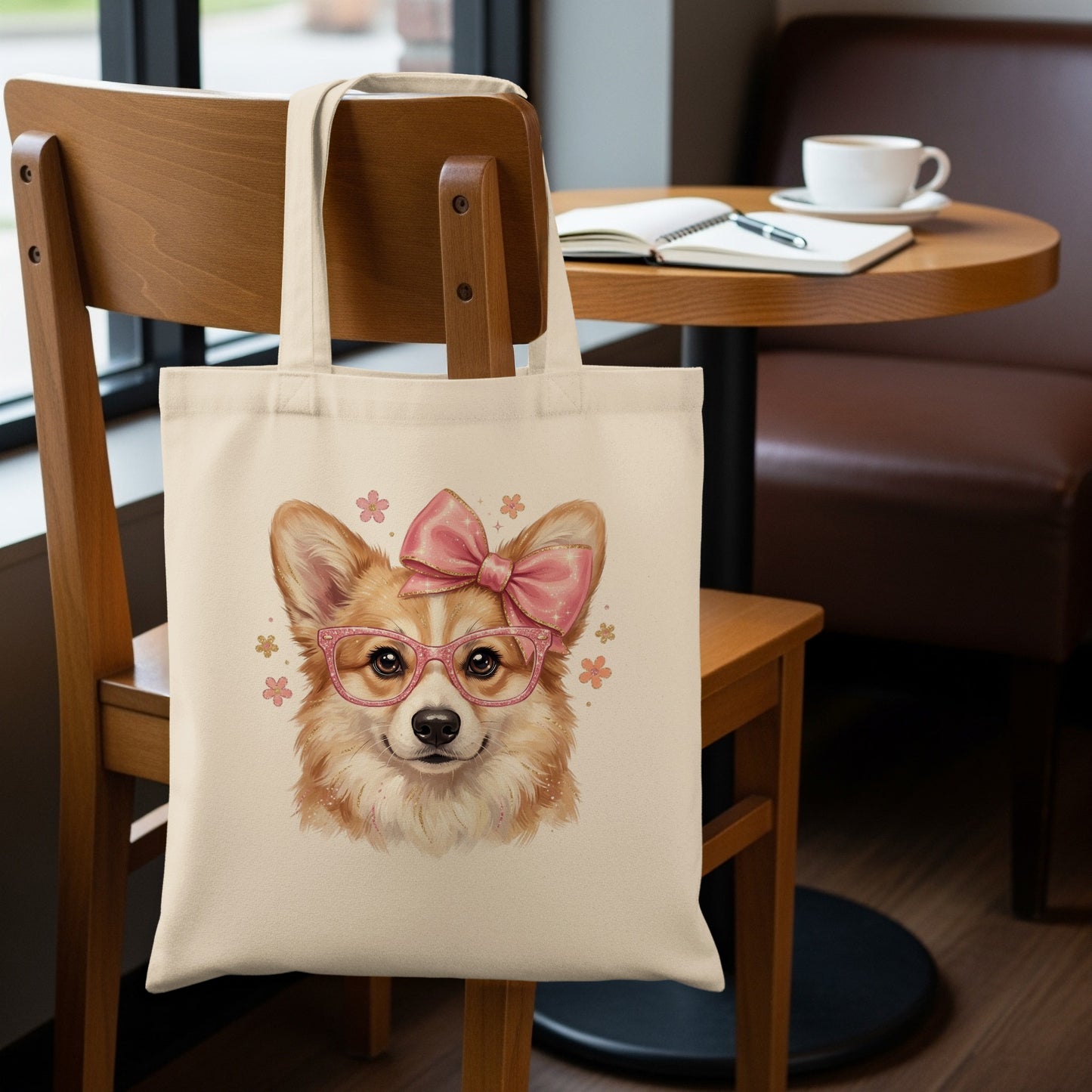 Tote bag with a portrait of a corgi wearing pink glasses and a bow.