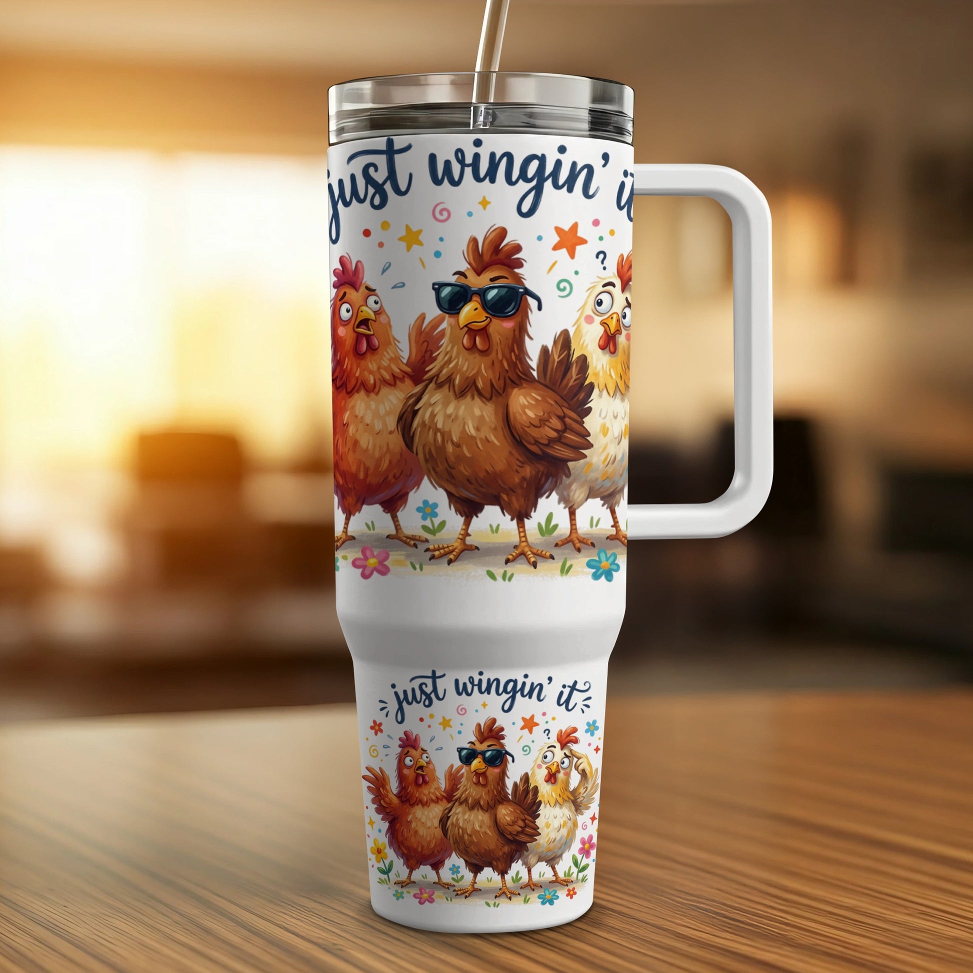 White tumbler with cartoon chickens and "Just Wingin' It" text.