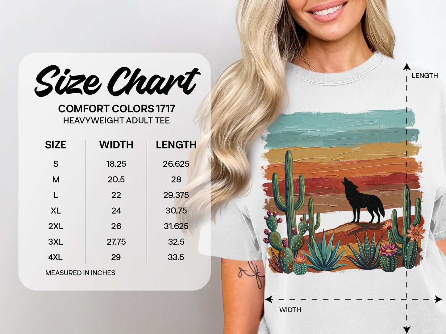 Comfort Colors heavyweight adult tee size chart with measurements in inches.