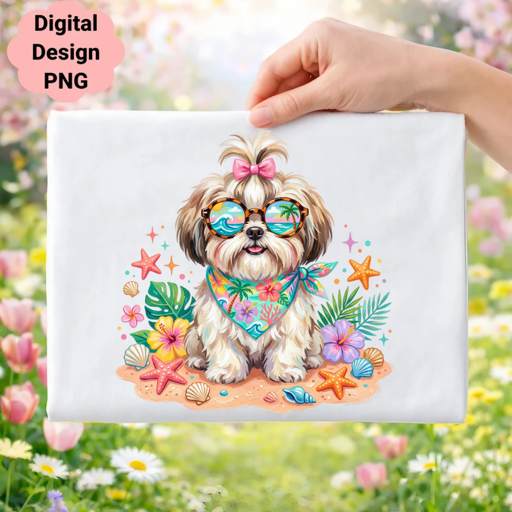 Shih Tzu dog wearing sunglasses and bandana on a beach with seashells.