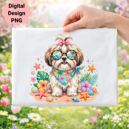 Shih Tzu dog wearing sunglasses and bandana on a beach with seashells.