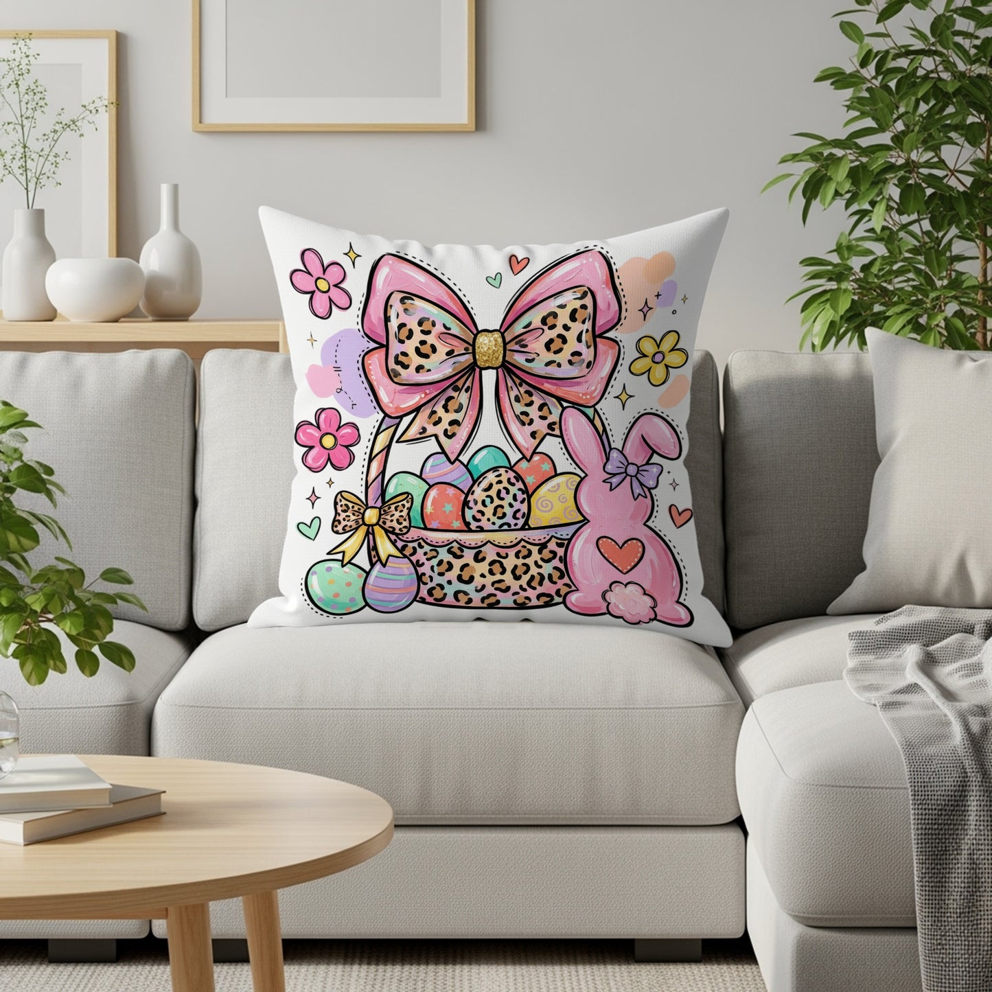 Easter pillow with a basket of decorated eggs, a pink bunny, and a leopard print bow.