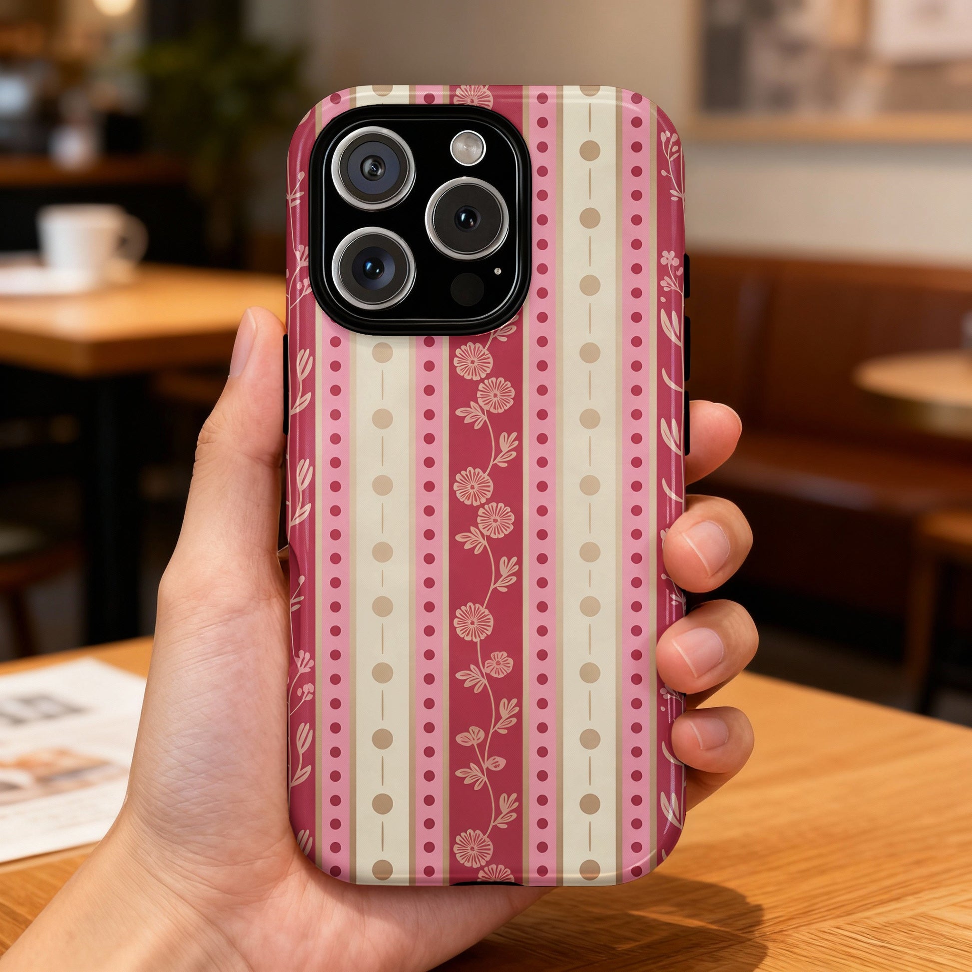 Pink and tan striped phone case with floral pattern, held in hand.