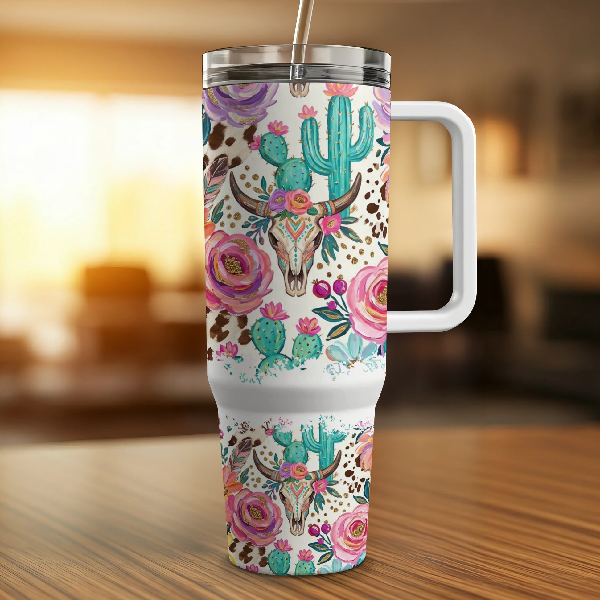 Tumbler with cowboy skull, cactus, and floral pattern.