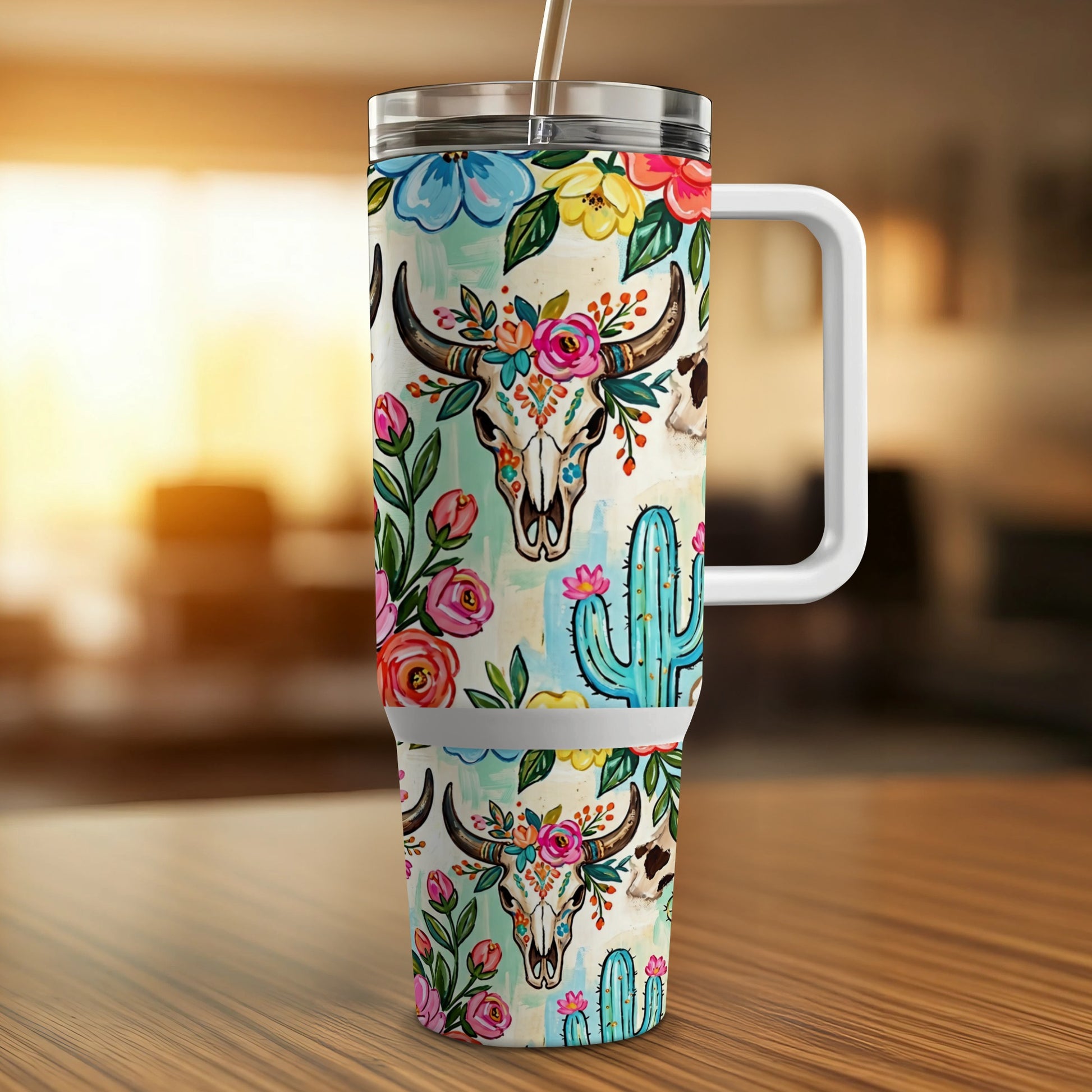 Cow skull and cactus floral pattern on a travel tumbler with handle.