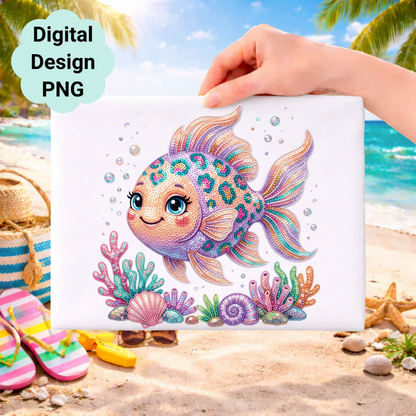 Cartoon goldfish with sequins and colorful coral on a beach background.