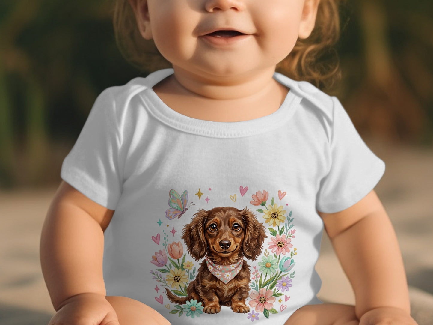 Baby in white onesie with dachshund and floral design.