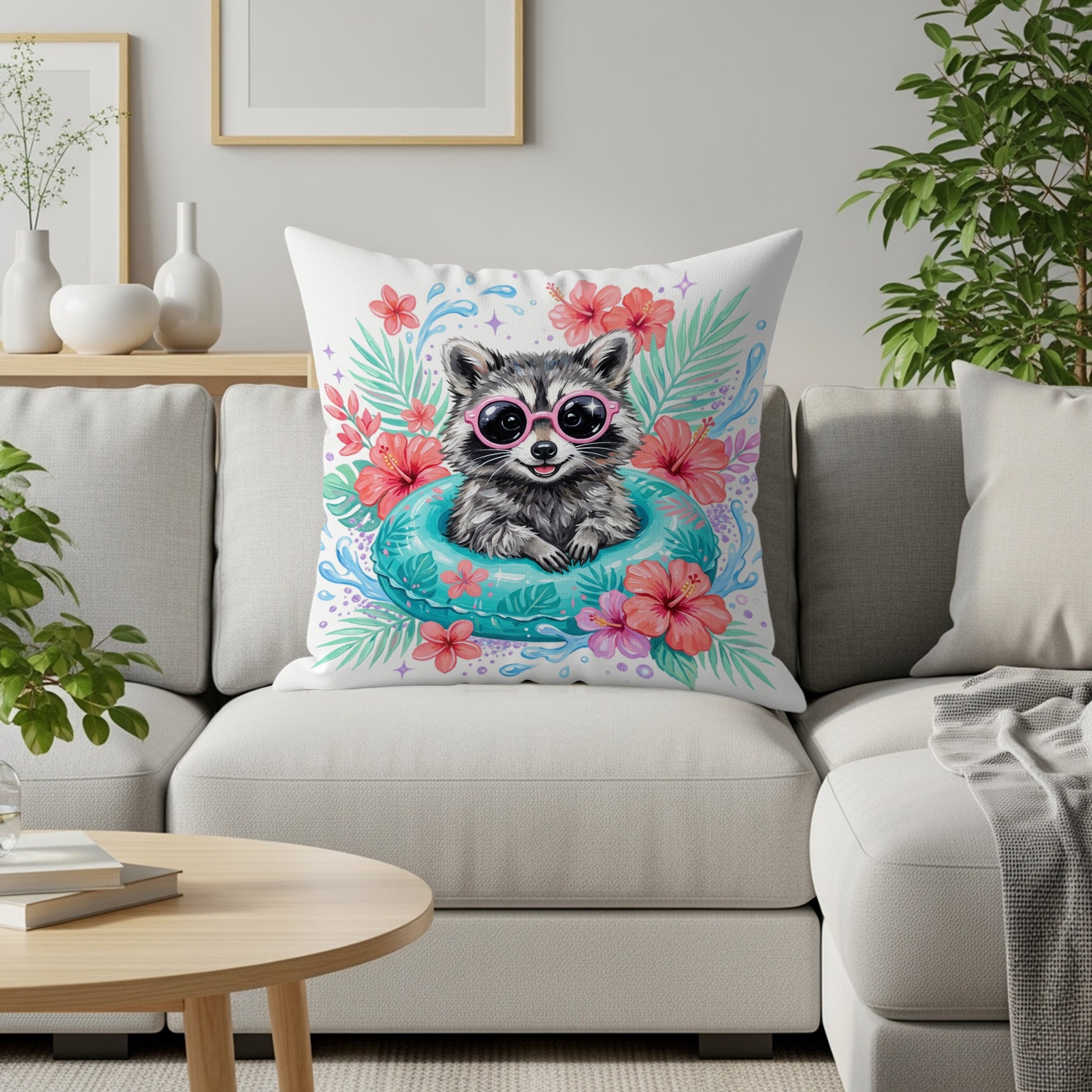 Cartoon raccoon wearing sunglasses on a pool float surrounded by flowers.