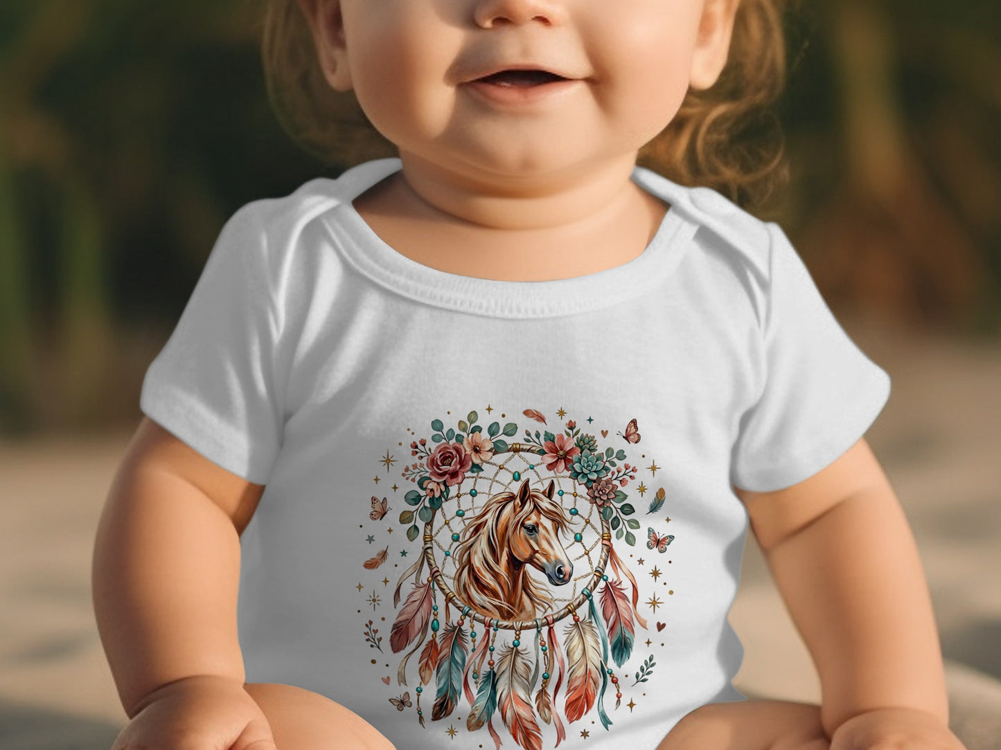 Baby wearing white onesie with horse and feather dreamcatcher graphic.