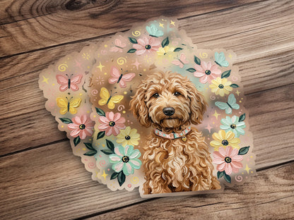 Golden doodle dog surrounded by colorful flowers and butterflies.