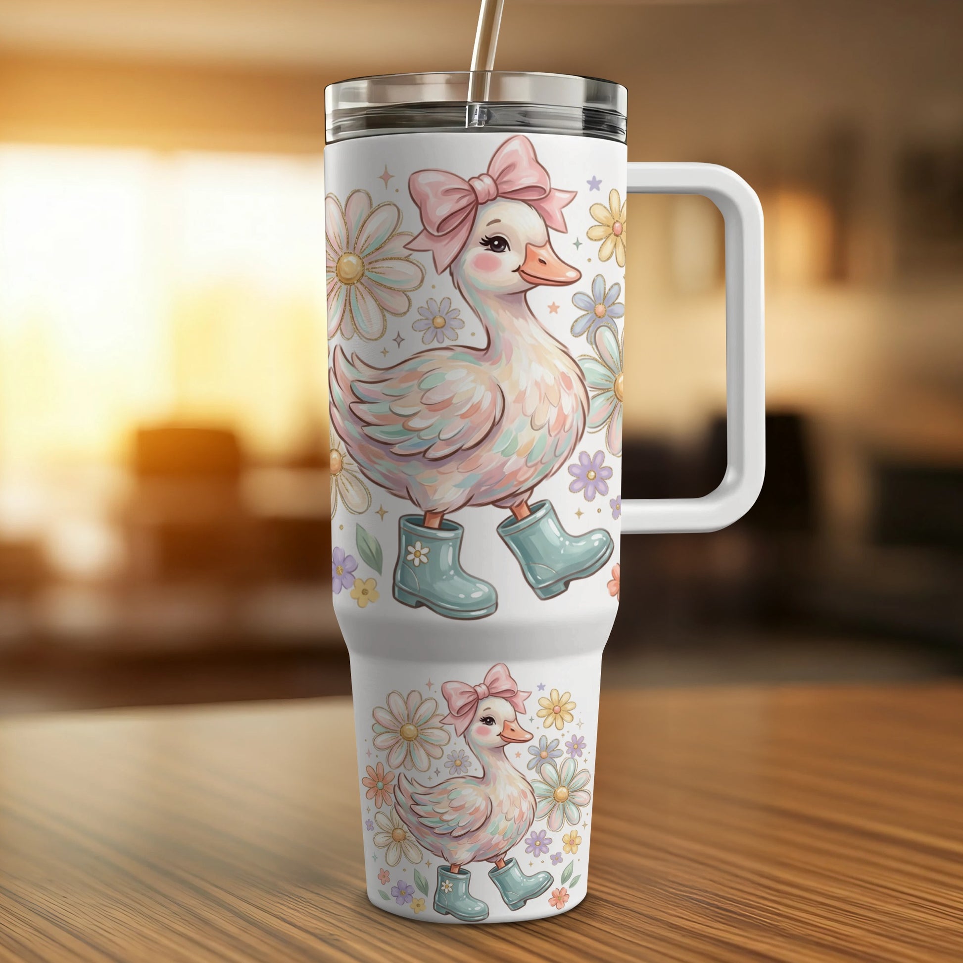 Cute duck with pink bow and blue boots on a tumbler.