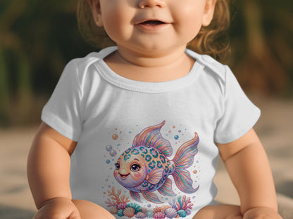 Baby in white onesie with colorful illustrated fish and coral graphic.