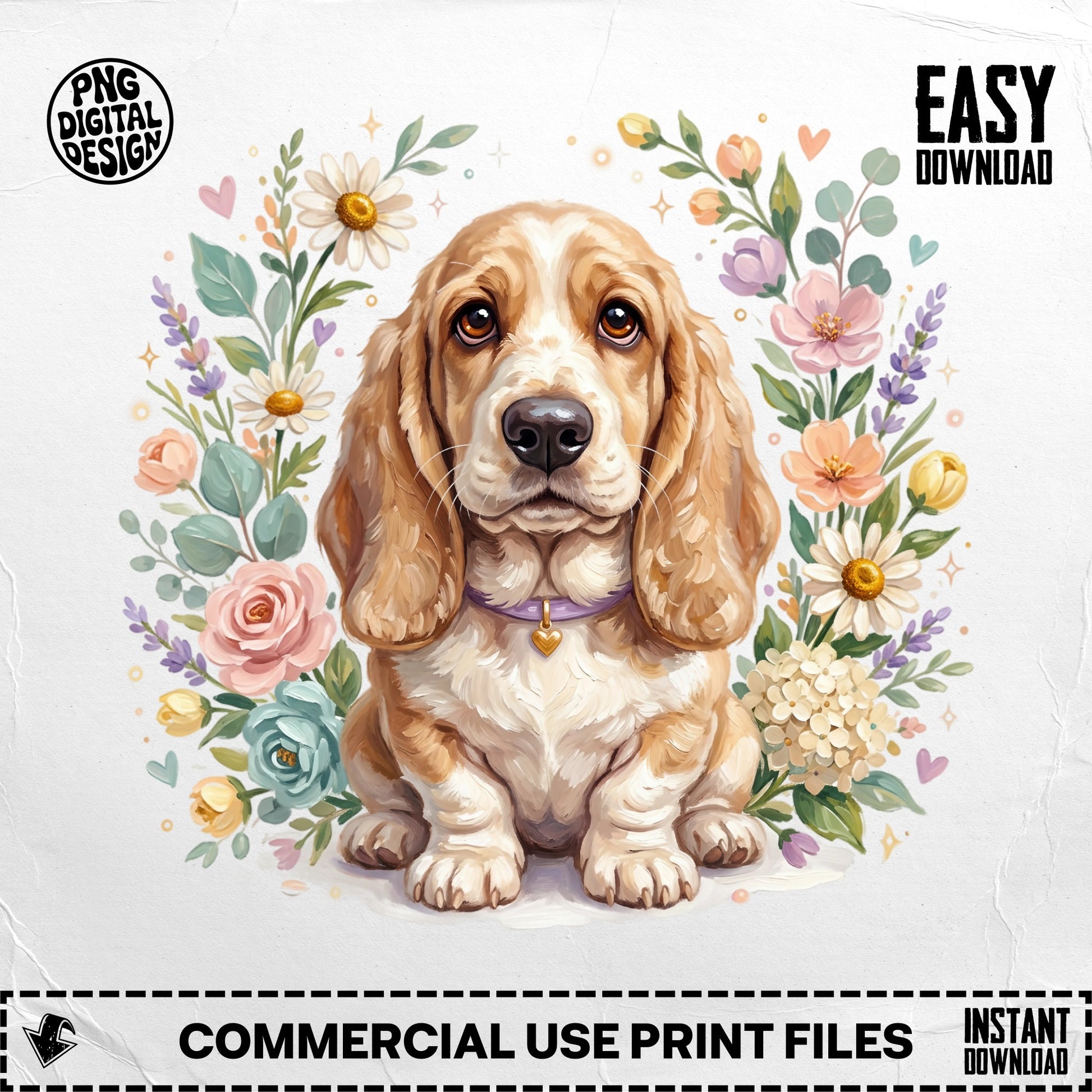Basset hound sits among pastel flowers and leaves with "EASY DOWNLOAD" text.