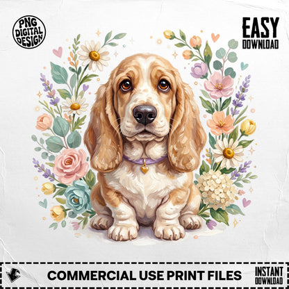 Basset hound sits among pastel flowers and leaves with "EASY DOWNLOAD" text.