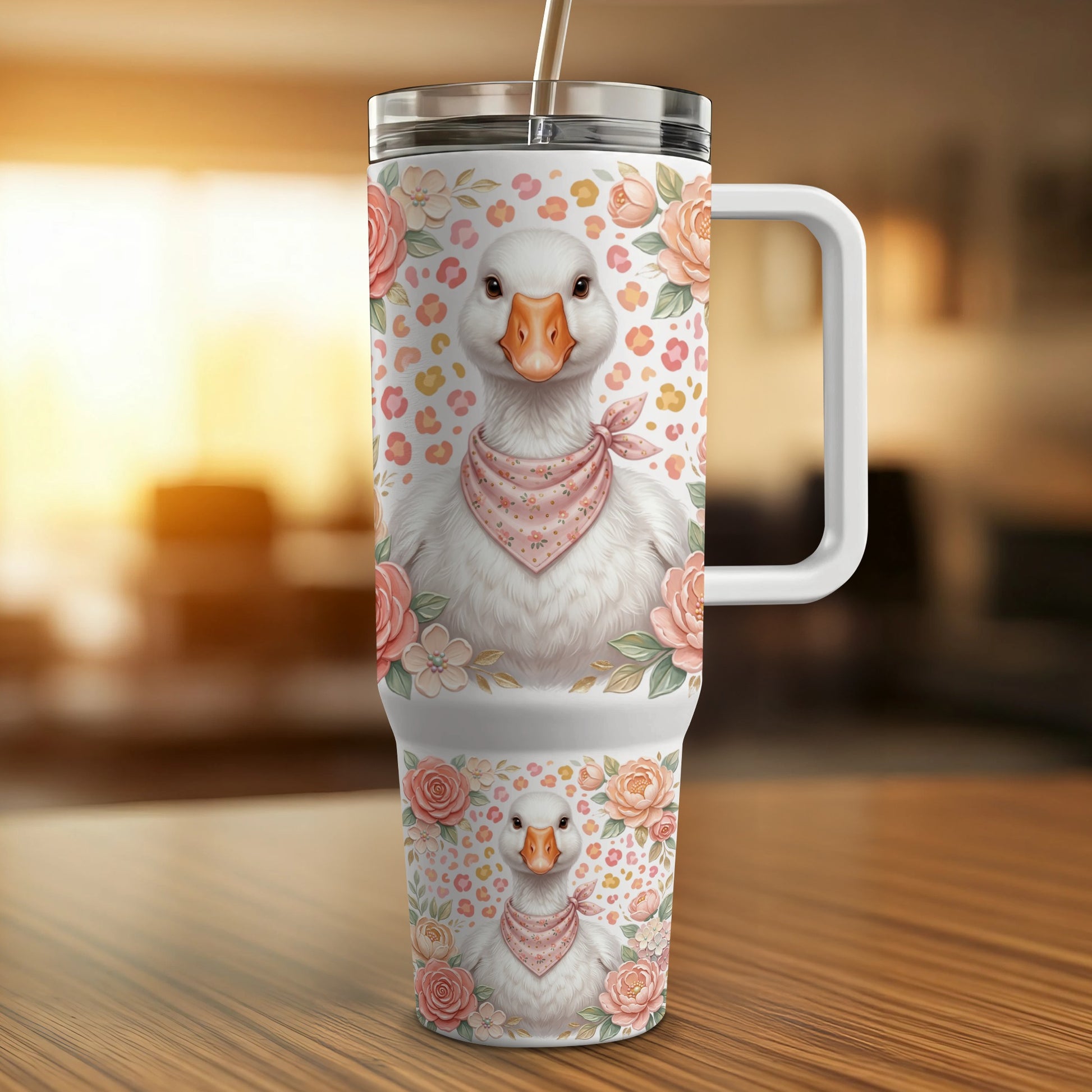 Two tumblers featuring a goose wearing a bandana surrounded by flowers.