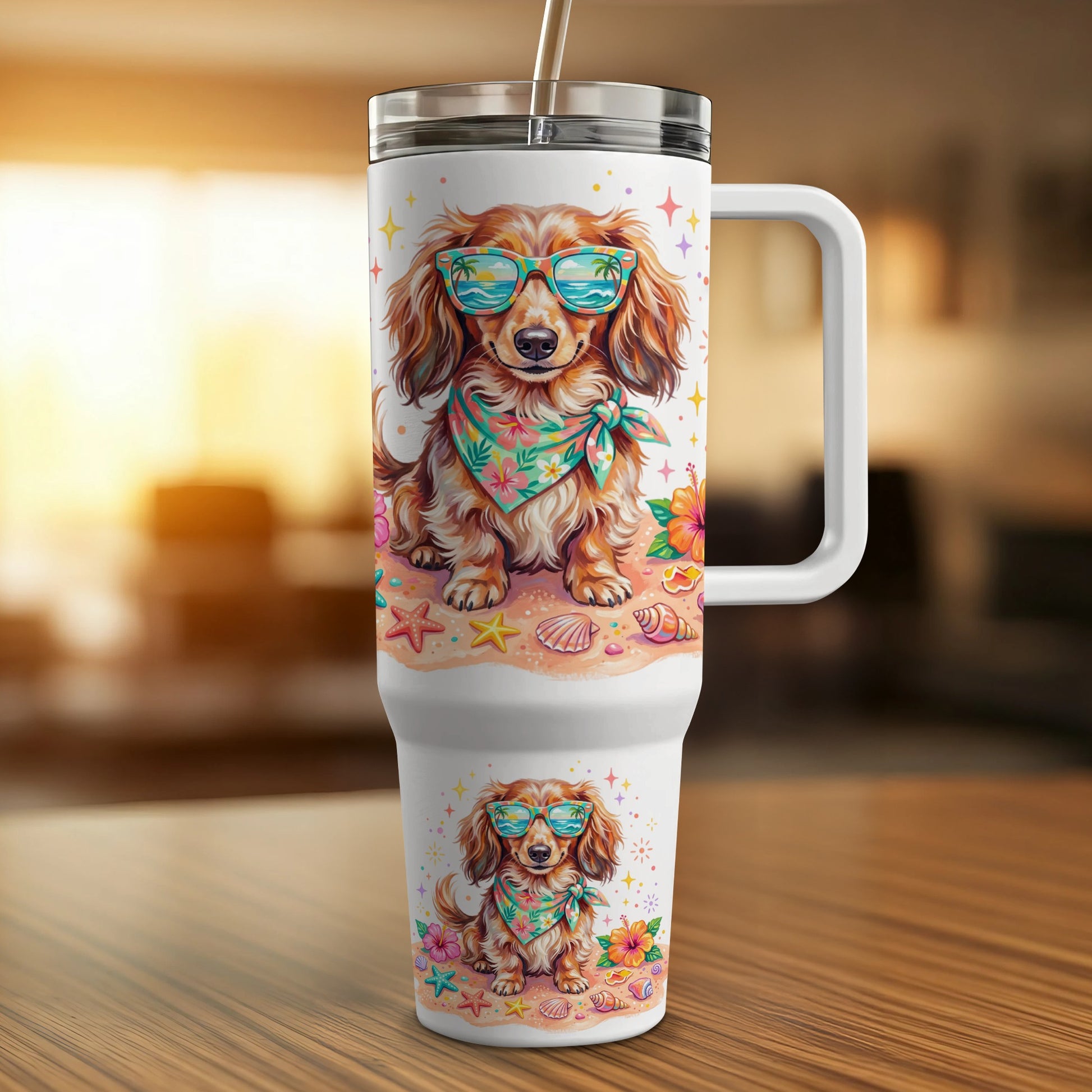 Dachshund wearing sunglasses and bandana on beach, printed on tumbler.