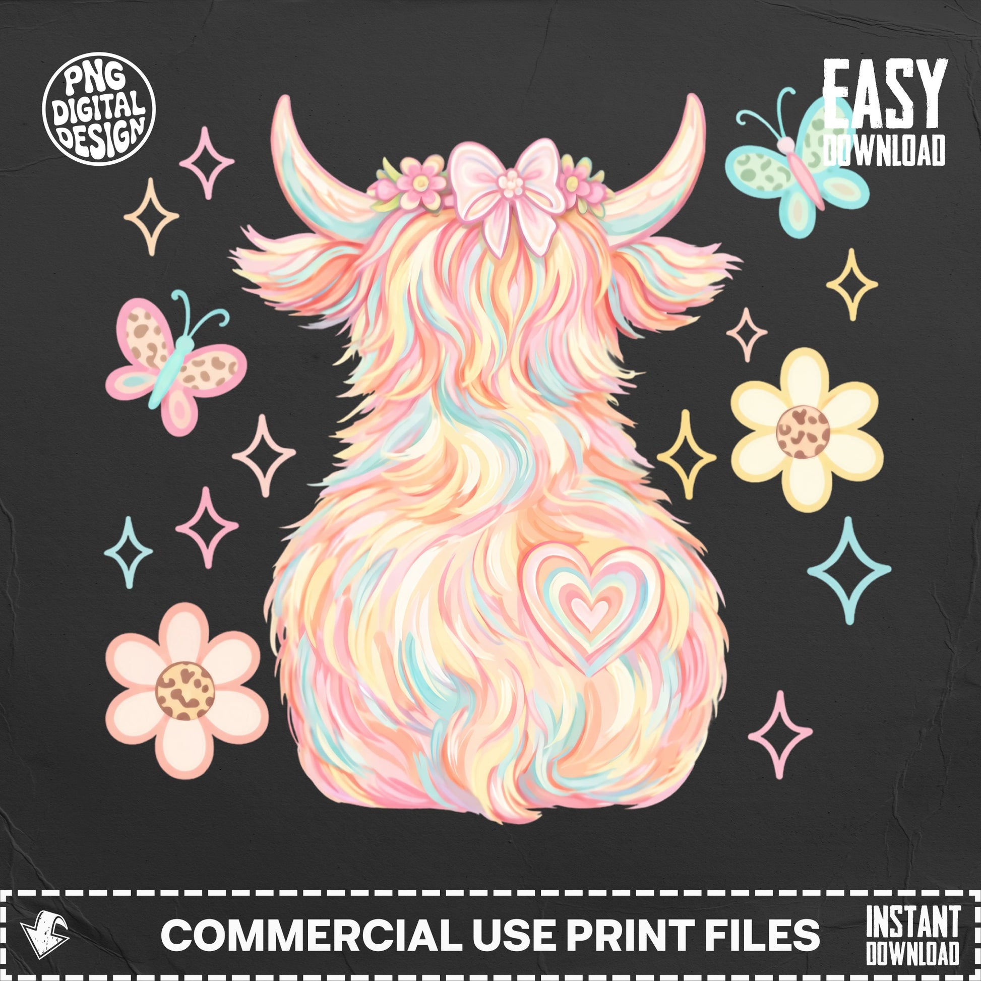 Fluffy Highland cow with flowers, hearts, and butterflies.