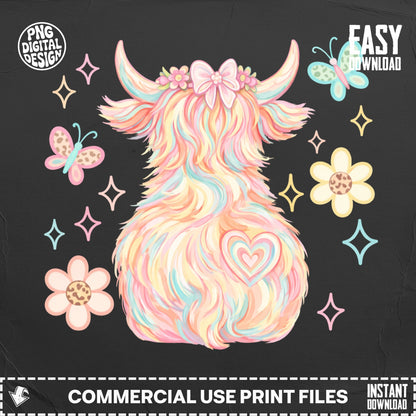 Fluffy Highland cow with flowers, hearts, and butterflies.