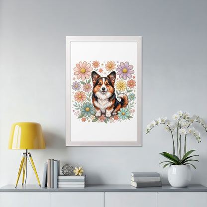 Pembroke Welsh Corgi dog sitting among colorful flowers in a white frame.