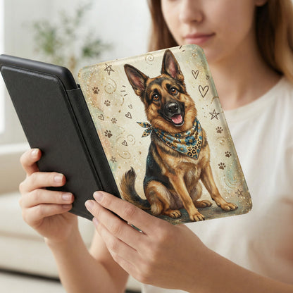 German Shepherd dog wearing a bandana on a patterned background.