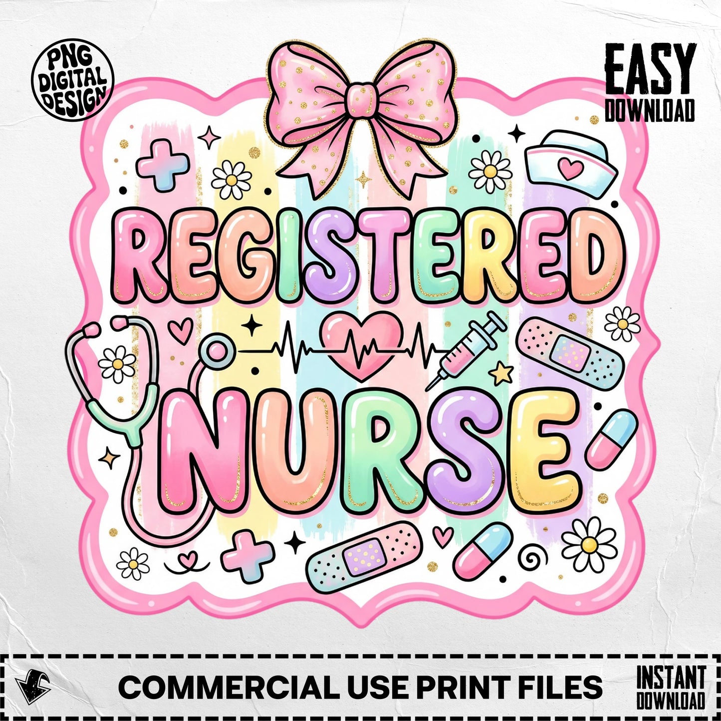 Registered Nurse text with stethoscope, syringe, heart, and band-aids.