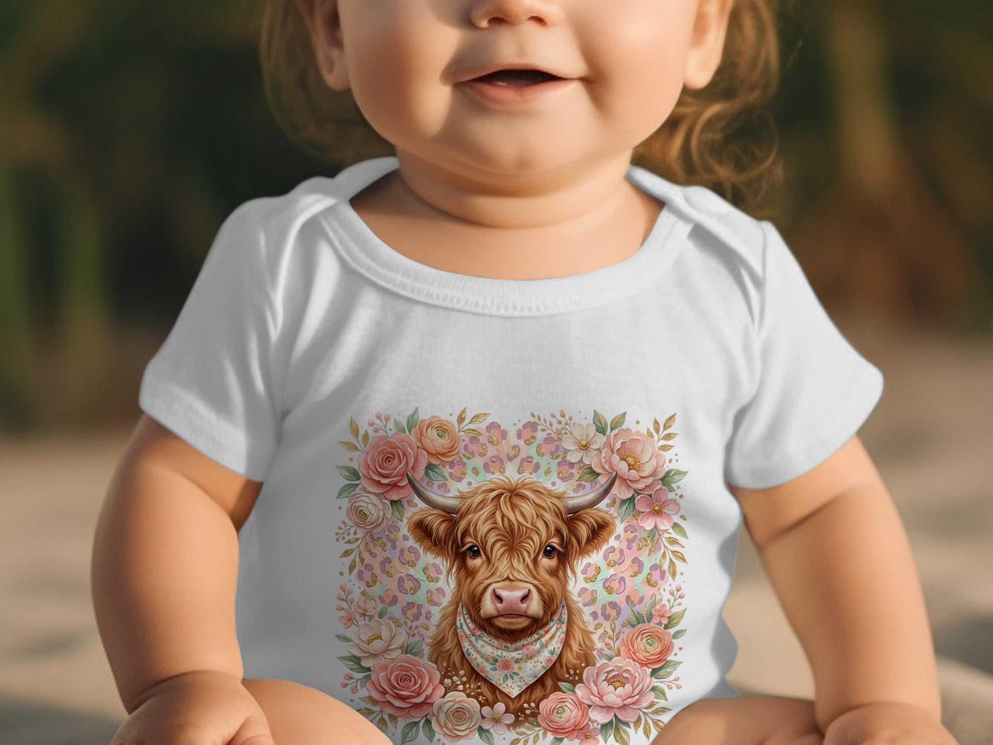 Baby wearing white bodysuit with Highland cow and floral print.