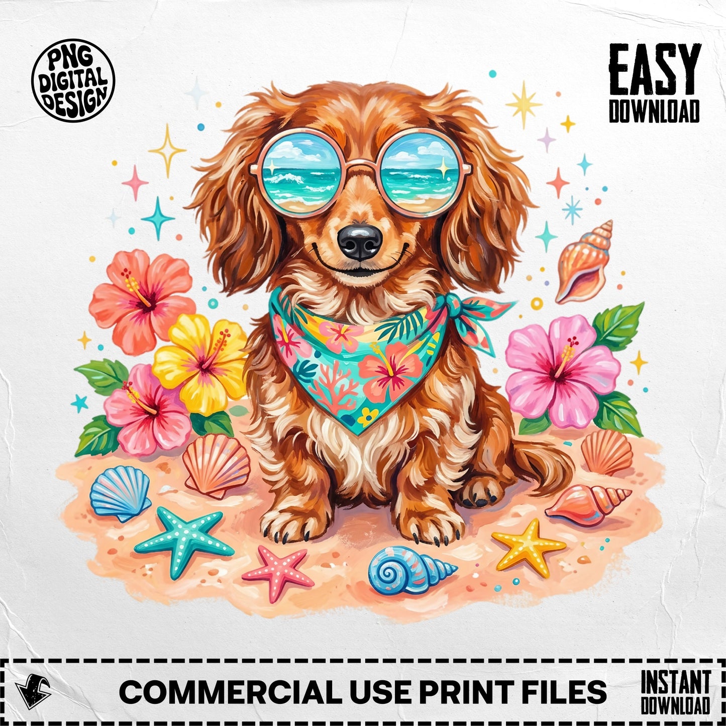 Dachshund wearing sunglasses and bandana on beach with flowers and shells.