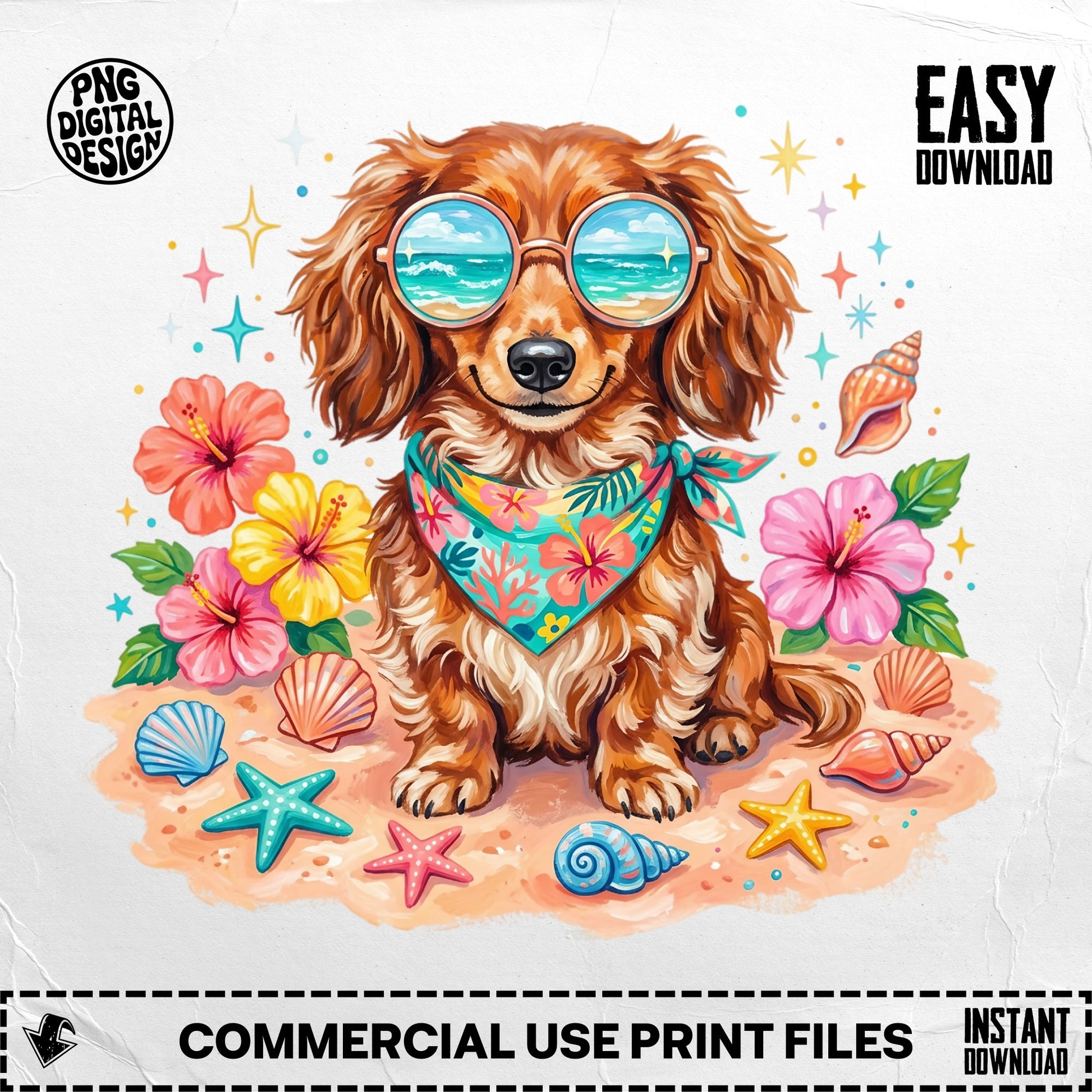 Dachshund wearing sunglasses and bandana on beach with flowers and shells.