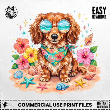 Dachshund wearing sunglasses and bandana on beach with flowers and shells.