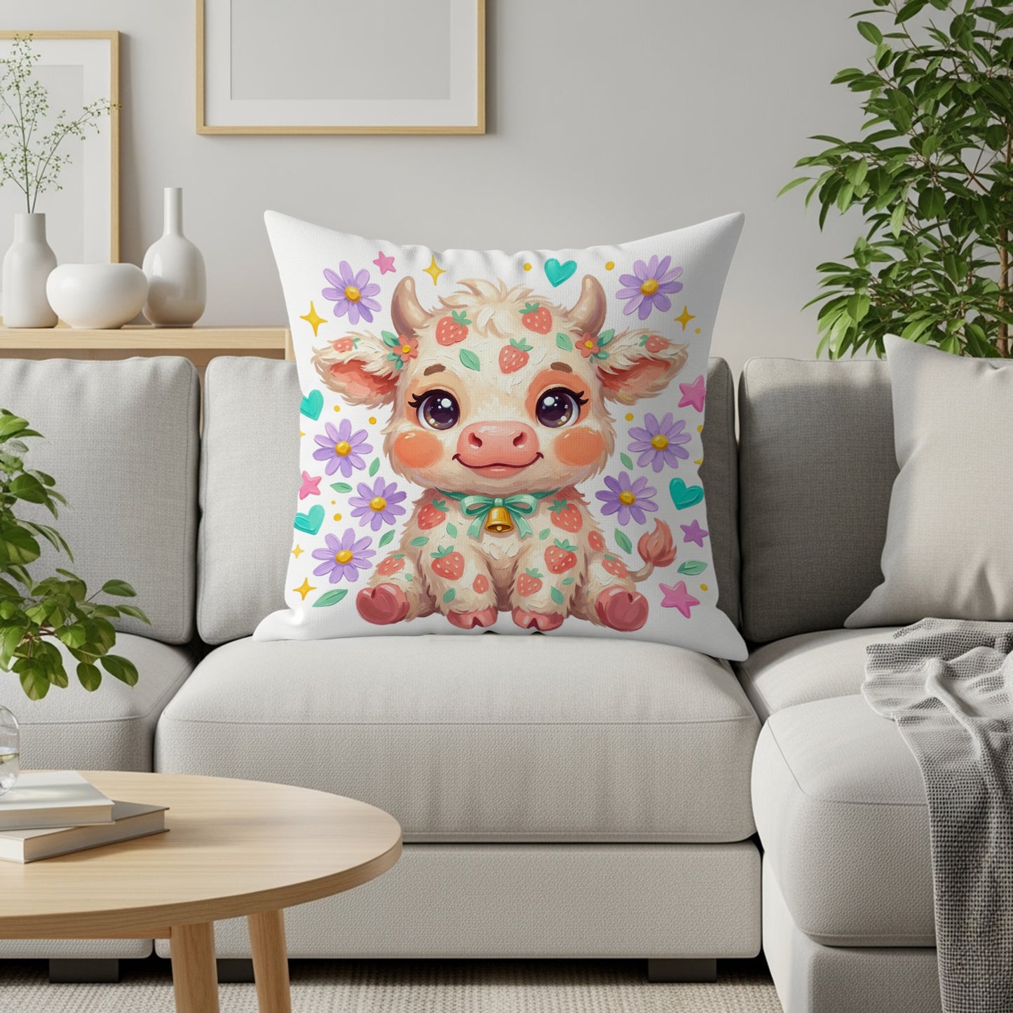 Cute strawberry cow with flowers on a throw pillow.