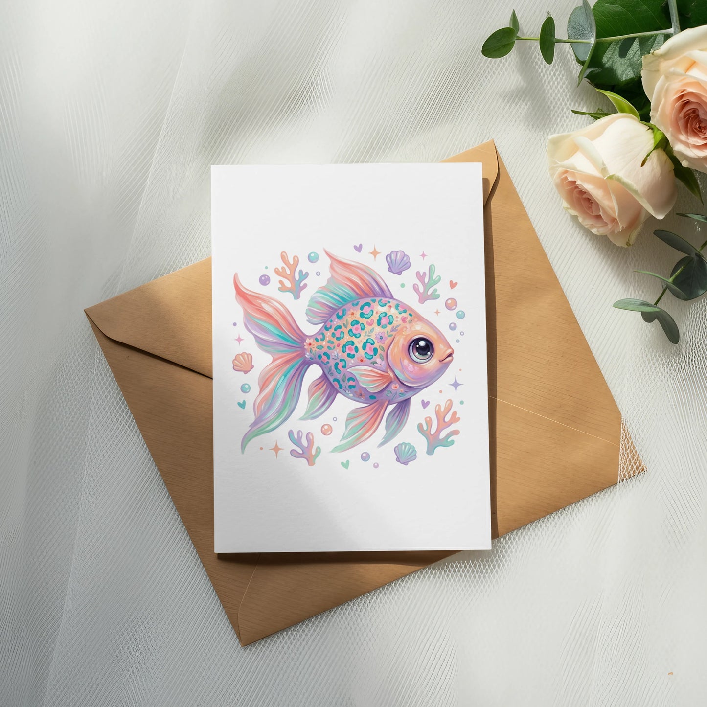 Colorful cartoon fish with seashells on a greeting card.