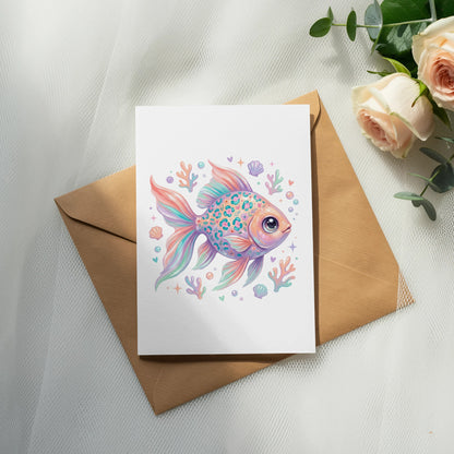 Colorful cartoon fish with seashells on a greeting card.