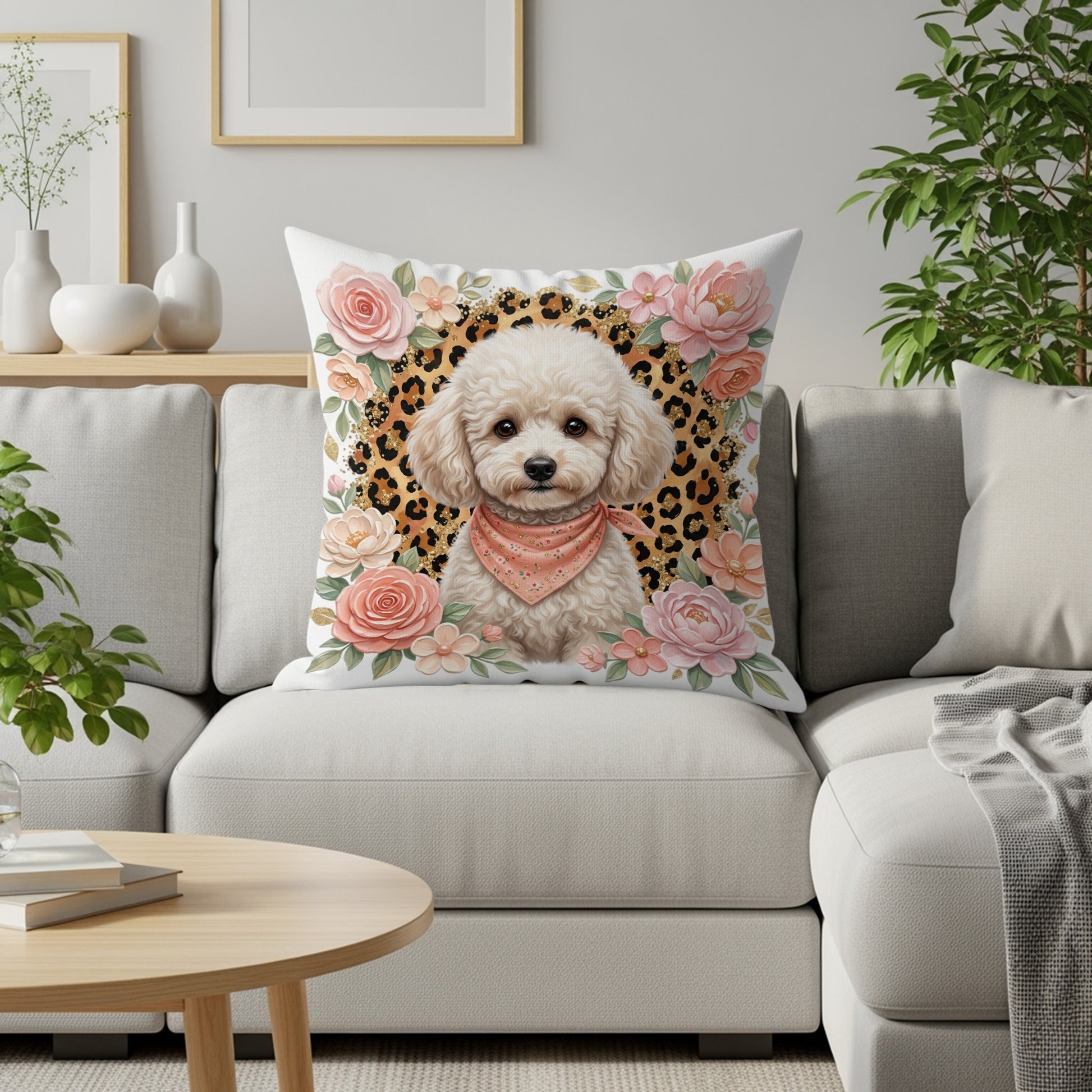 Poodle with bandana on cushion surrounded by floral and leopard print.