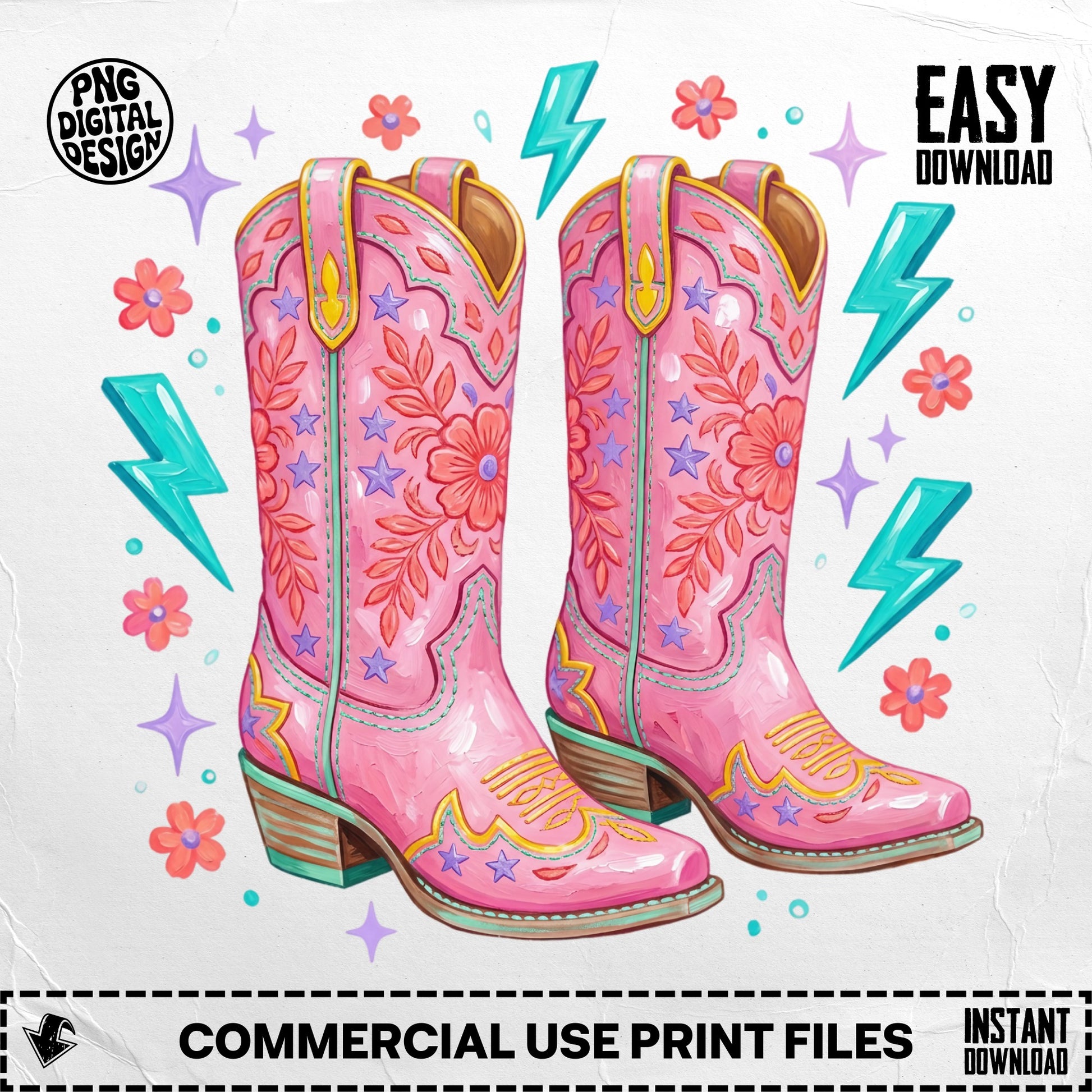 Pink cowboy boots with floral and star embroidery, surrounded by lightning bolts.