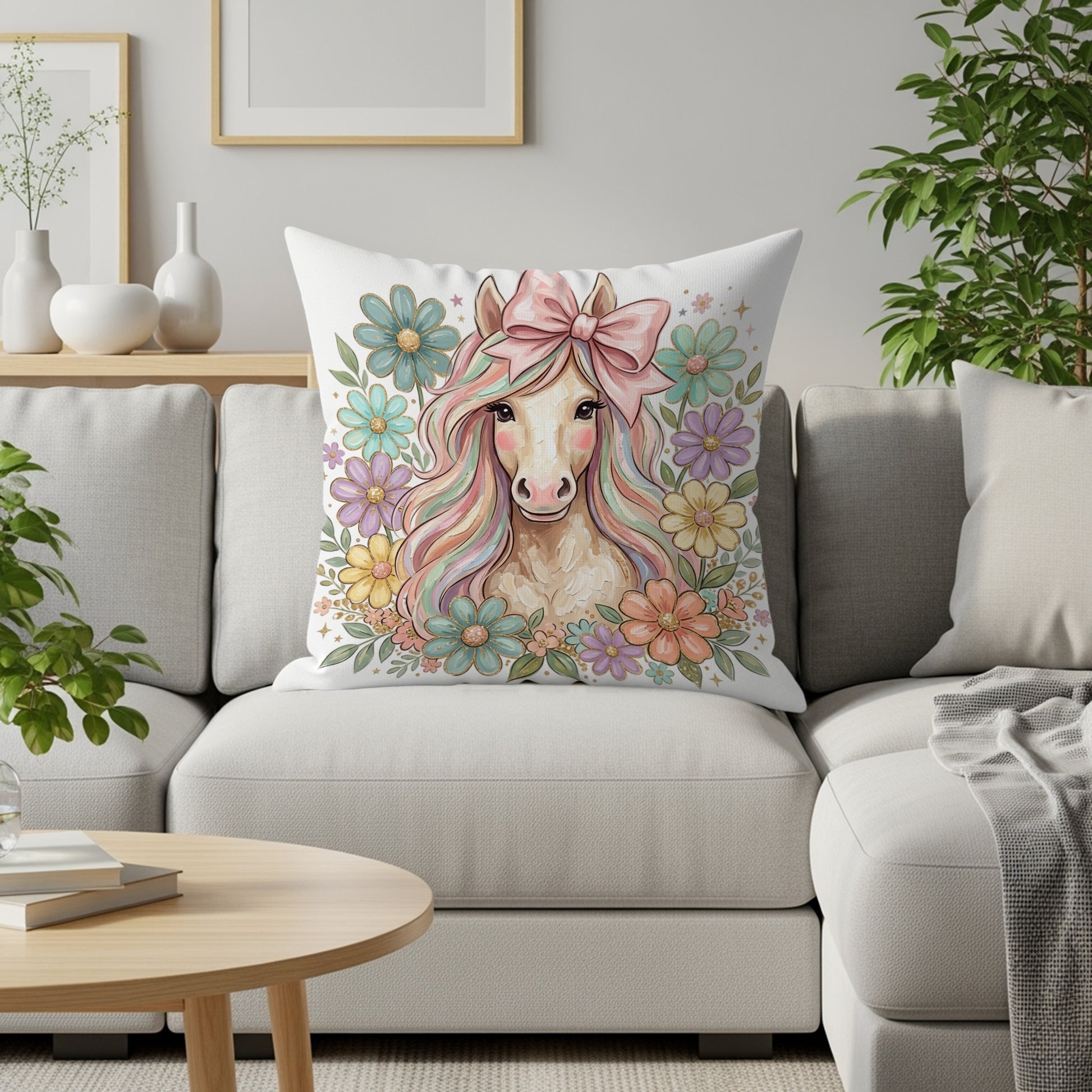 Pillow with pastel unicorn surrounded by flowers and a pink bow.