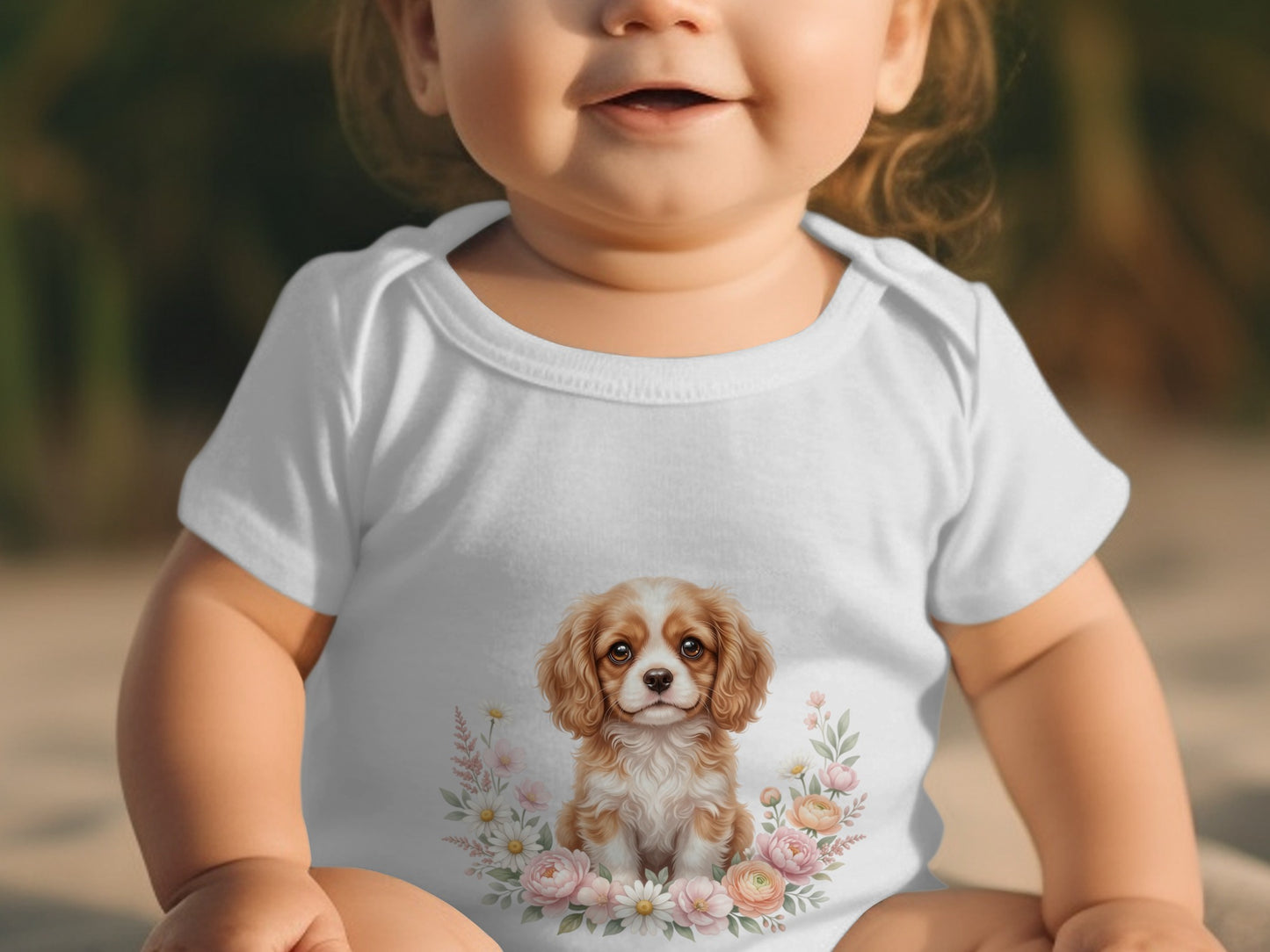 White baby bodysuit with a puppy and floral print.