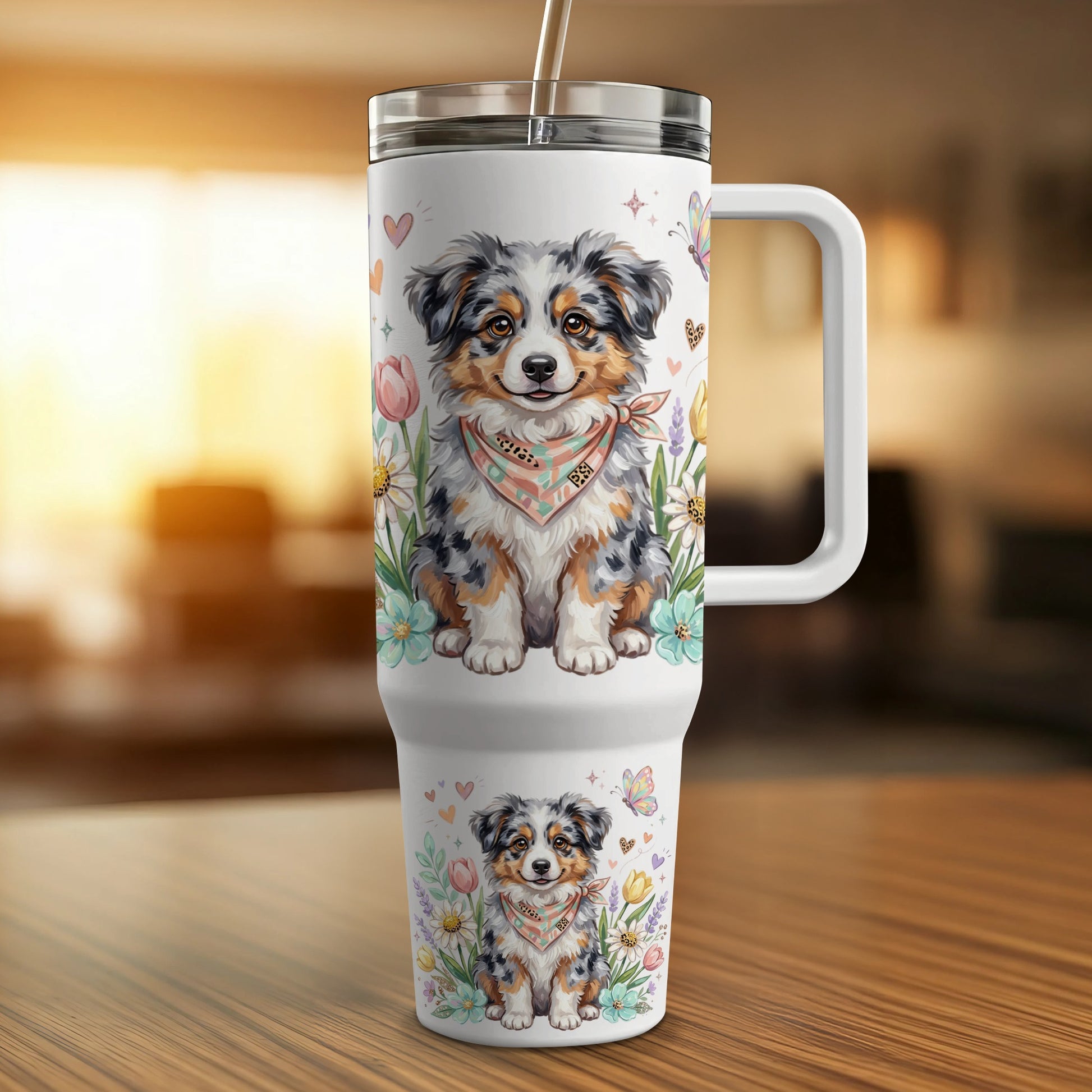 White tumbler with a happy puppy design and floral accents.