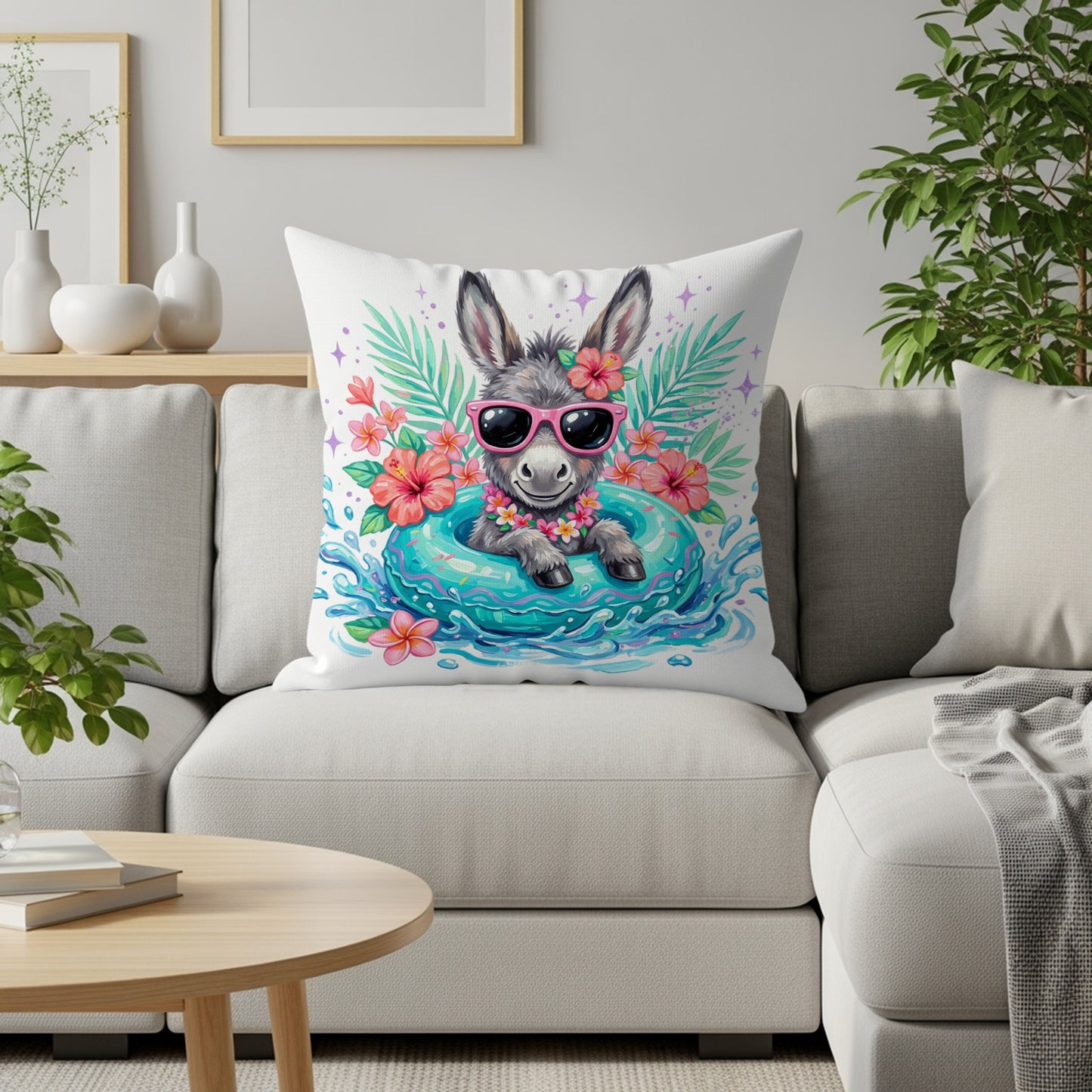 Donkey wearing sunglasses on an inner tube with tropical flowers.