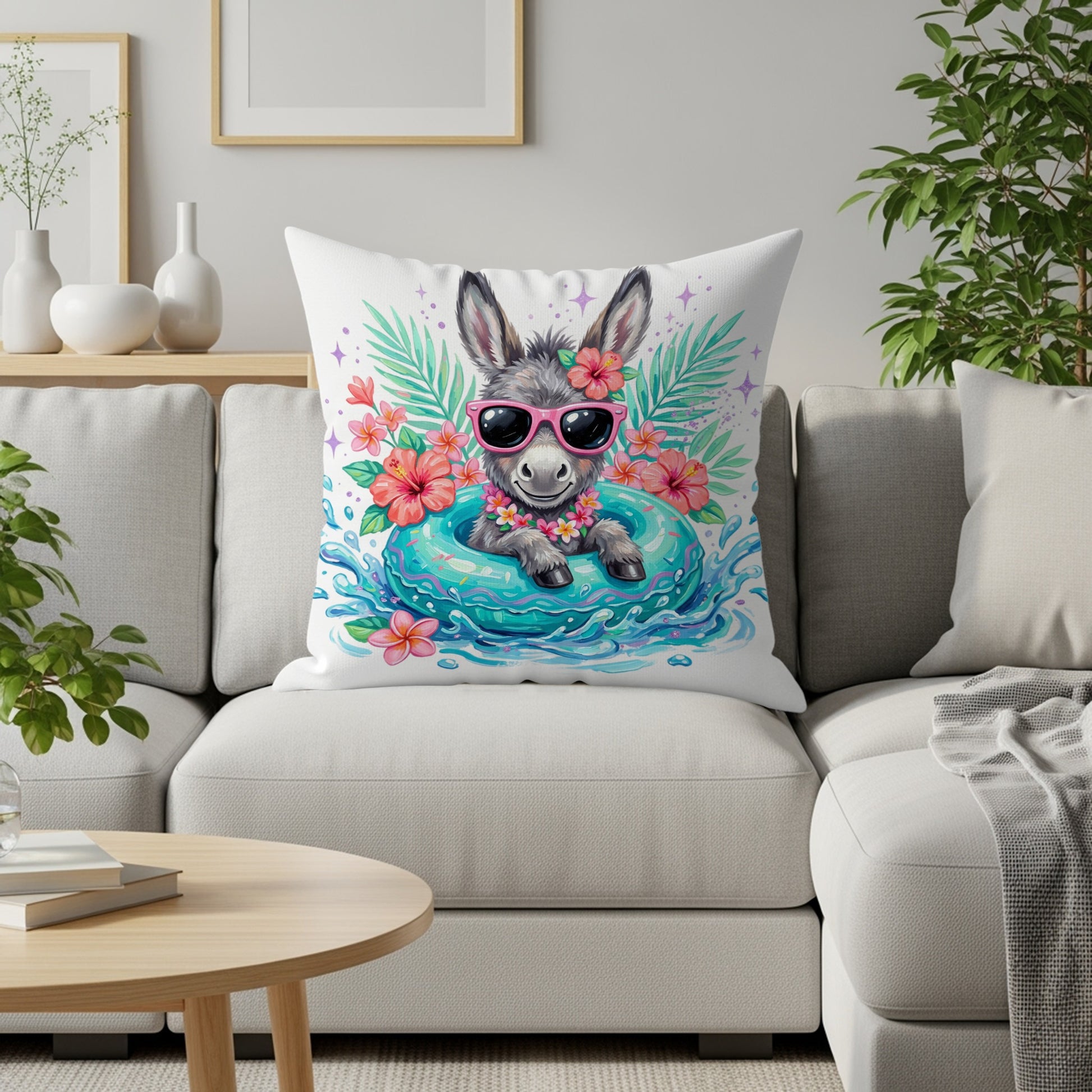 Donkey wearing sunglasses on an inner tube with tropical flowers.
