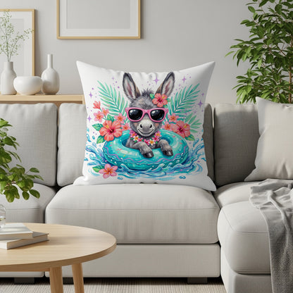 Donkey wearing sunglasses on an inner tube with tropical flowers.