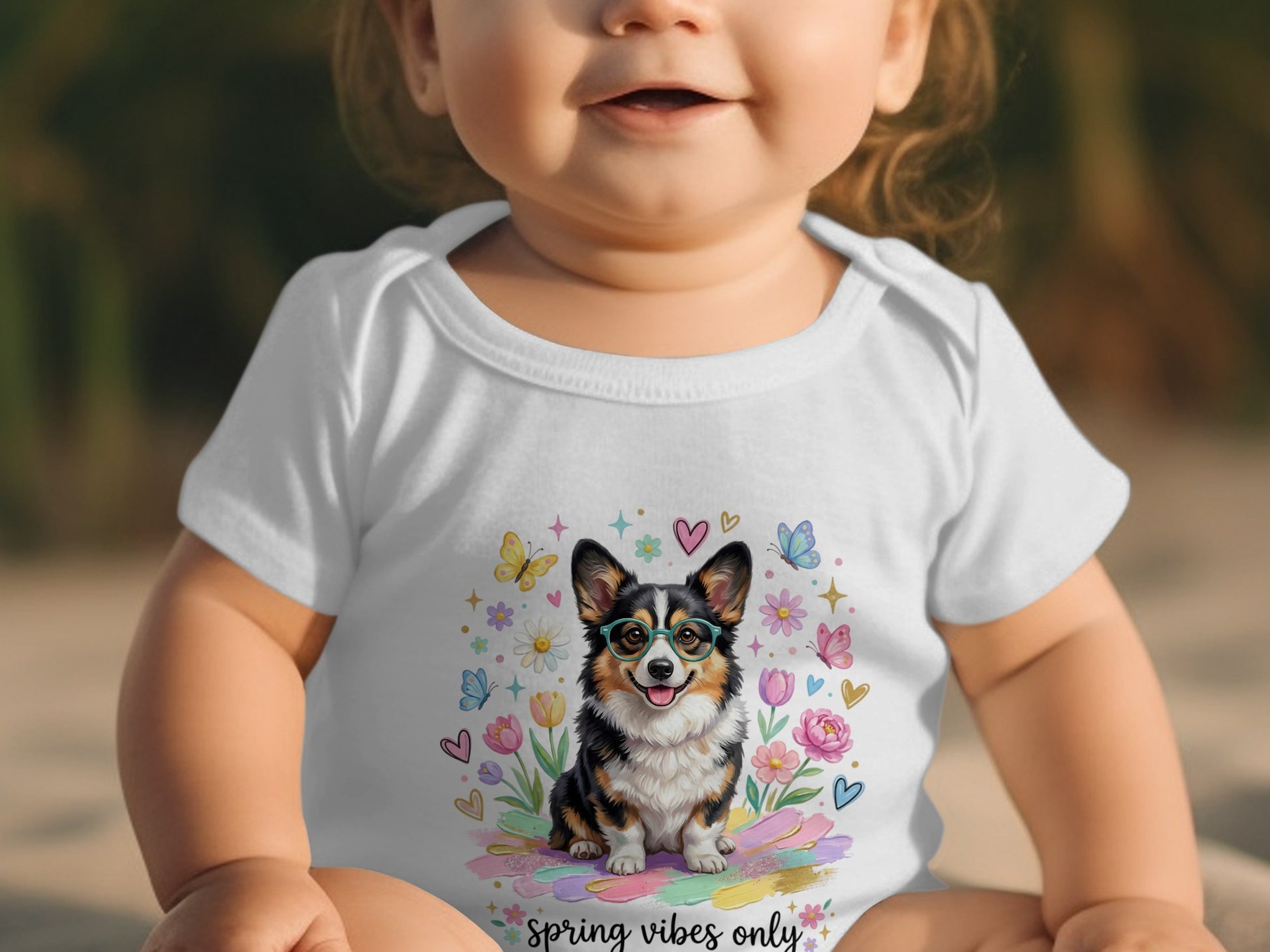 Baby wearing a white bodysuit with a corgi, flowers, and butterflies.