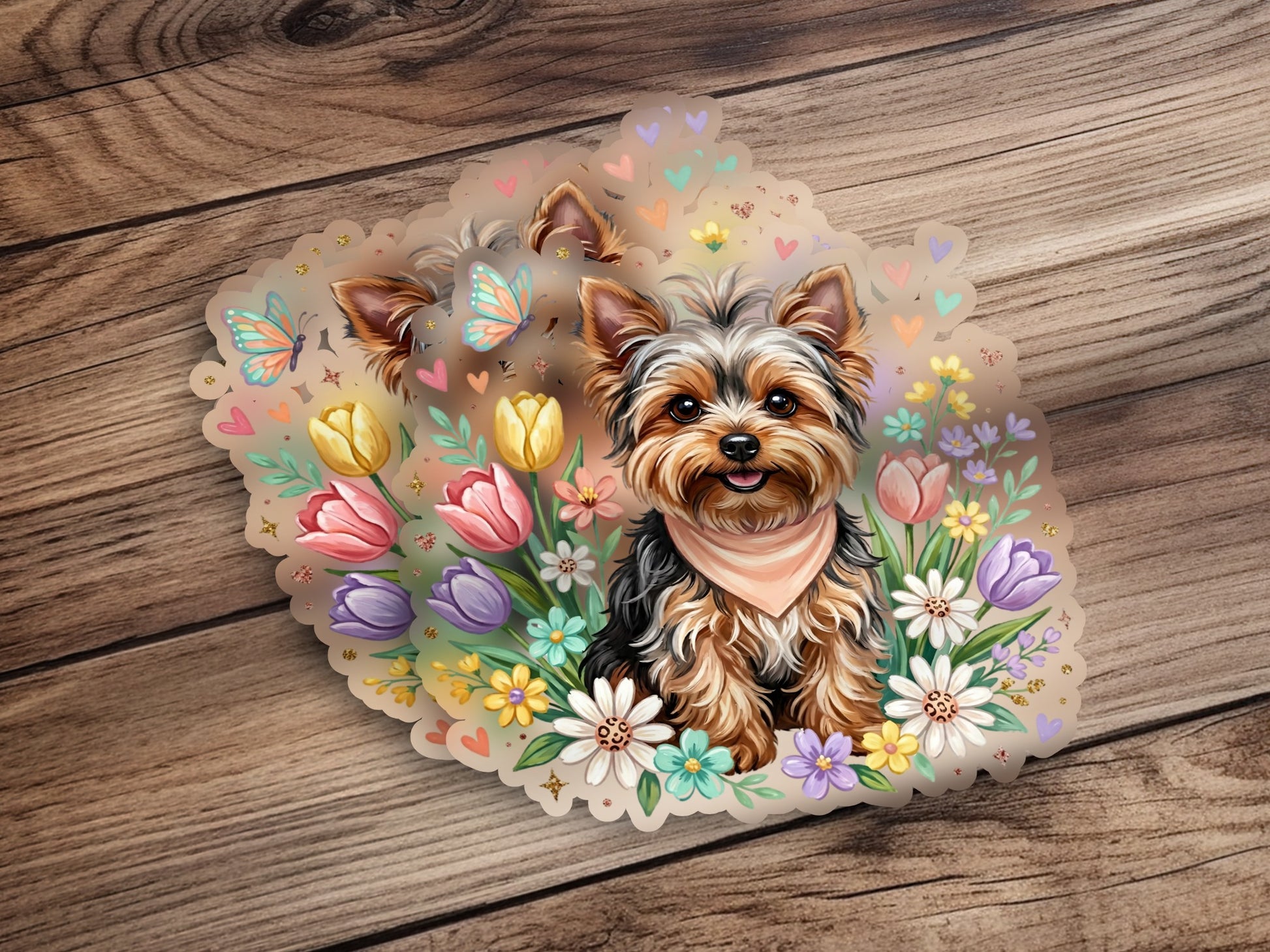 Yorkshire terrier dog with tulips and butterflies, wearing a pink bandana.