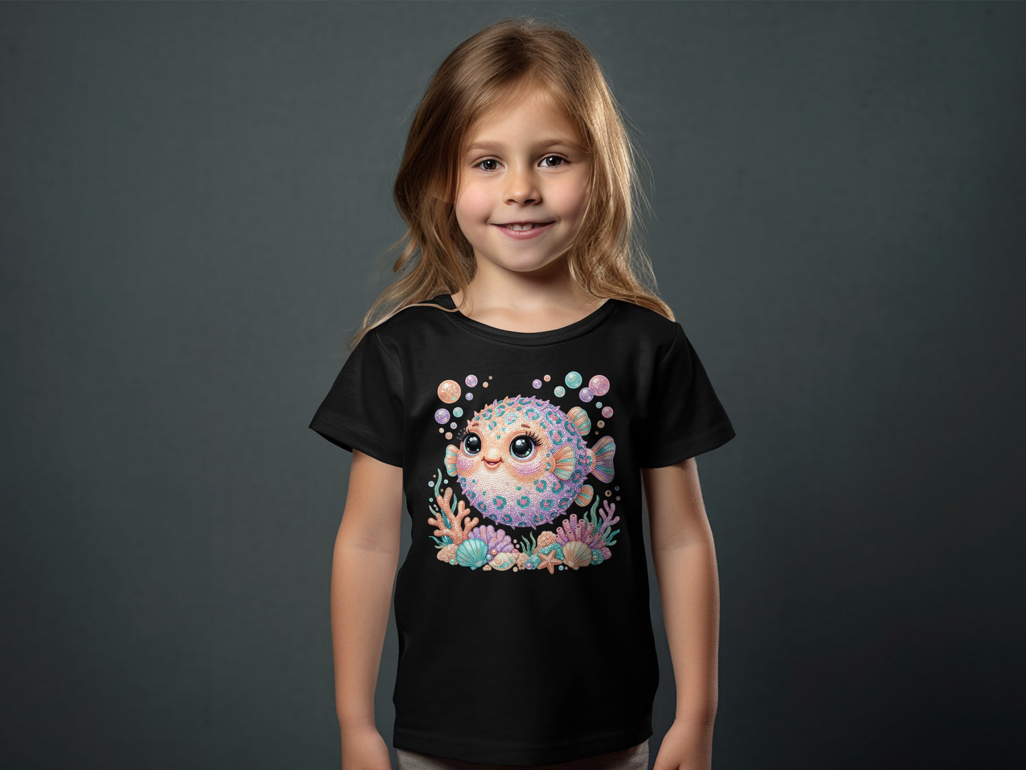 Black t-shirt with a cartoon pufferfish and underwater scene design.