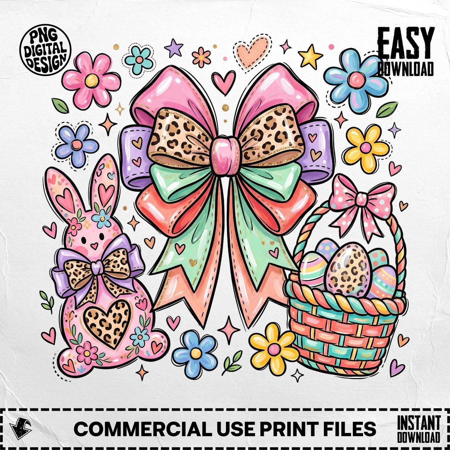 Easter graphic: bunny, bow, eggs in basket, and flowers.