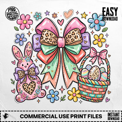 Easter graphic: bunny, bow, eggs in basket, and flowers.
